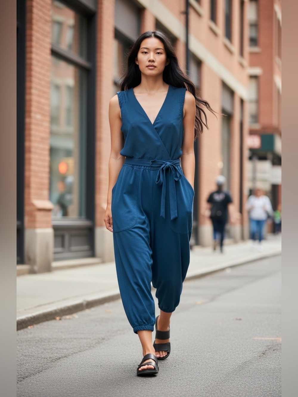 Free People Blue V-Neck wrap-front balloon-leg jumpsuit,Size M